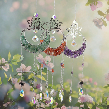 Clopoțel de vânt din cristal natural, cu lotus, lună în formă de semilună și captator de soare, decor suspendat pentru casă – model T75