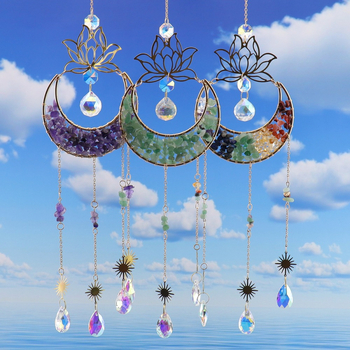 Clopoțel de vânt din cristal natural, cu lotus, lună în formă de semilună și captator de soare, decor suspendat pentru casă – model T75
