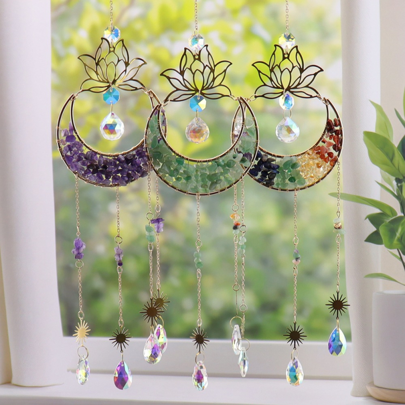 Clopoțel de vânt din cristal natural, cu lotus, lună în formă de semilună și captator de soare, decor suspendat pentru casă – model T75