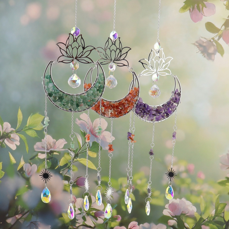 Clopoțel de vânt din cristal natural, cu lotus, lună în formă de semilună și captator de soare, decor suspendat pentru casă – model T75