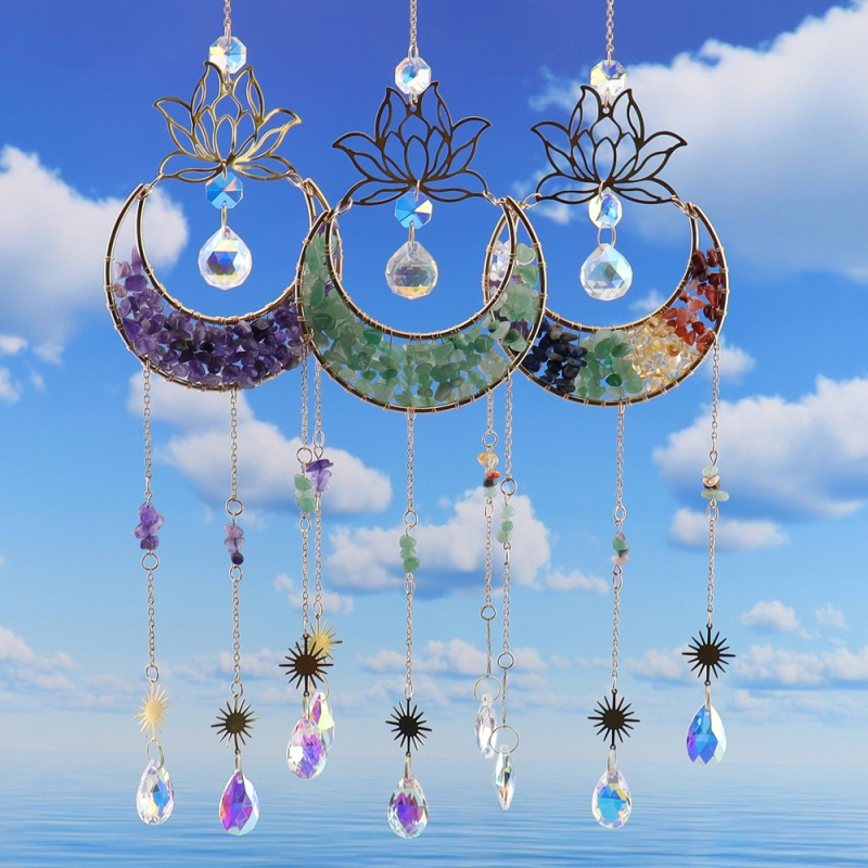 Clopoțel de vânt din cristal natural, cu lotus, lună în formă de semilună și captator de soare, decor suspendat pentru casă – model T75