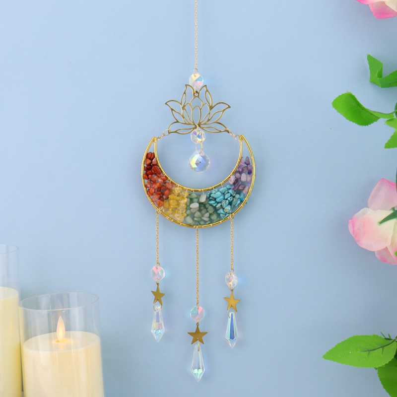 Clopoțel de vânt din cristal natural, cu lotus, lună în formă de semilună și captator de soare, decor suspendat pentru casă – model T75