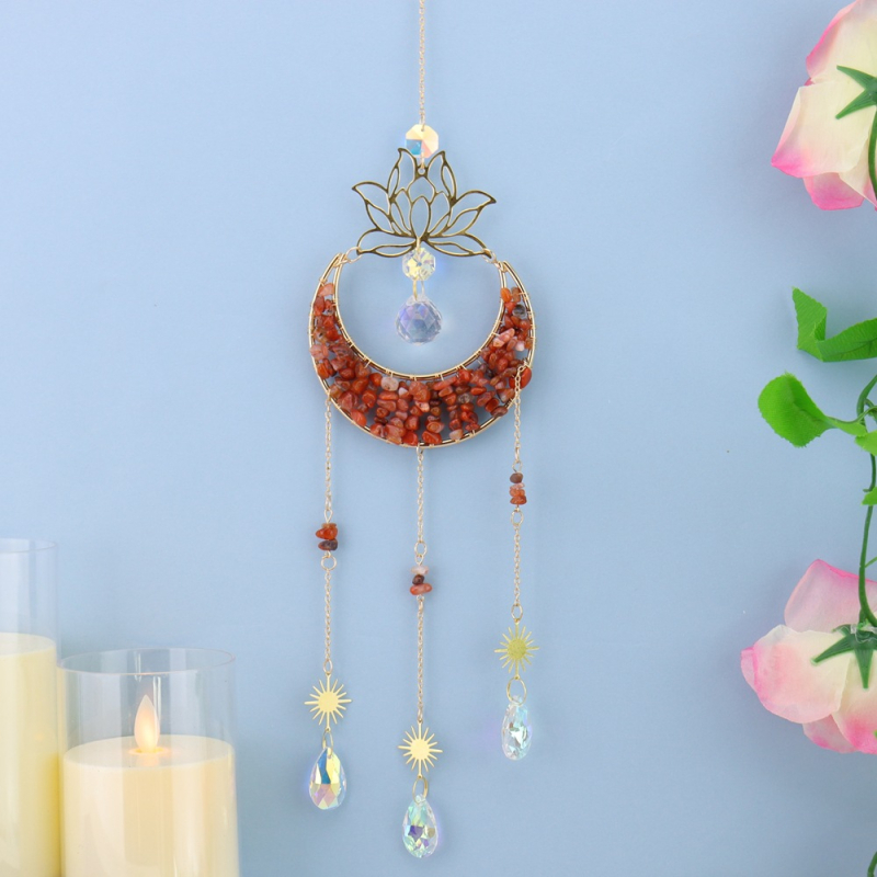 Clopoțel de vânt din cristal natural, cu lotus, lună în formă de semilună și captator de soare, decor suspendat pentru casă – model T75
