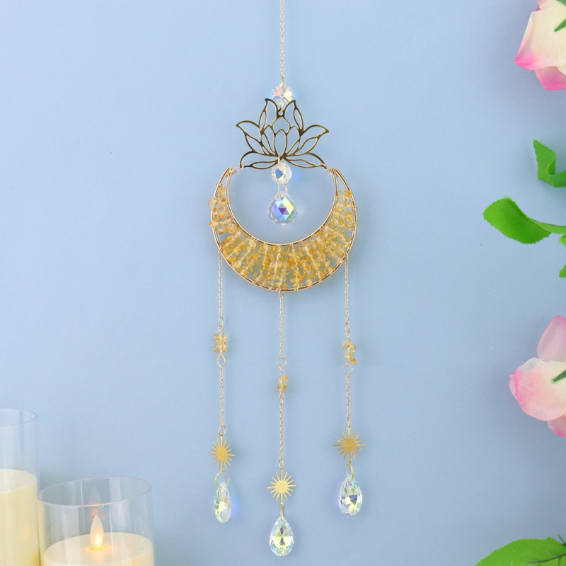 Clopoțel de vânt din cristal natural, cu lotus, lună în formă de semilună și captator de soare, decor suspendat pentru casă – model T75