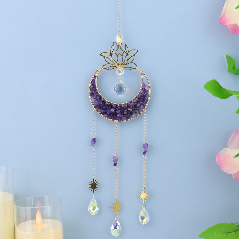 Clopoțel de vânt din cristal natural, cu lotus, lună în formă de semilună și captator de soare, decor suspendat pentru casă – model T75