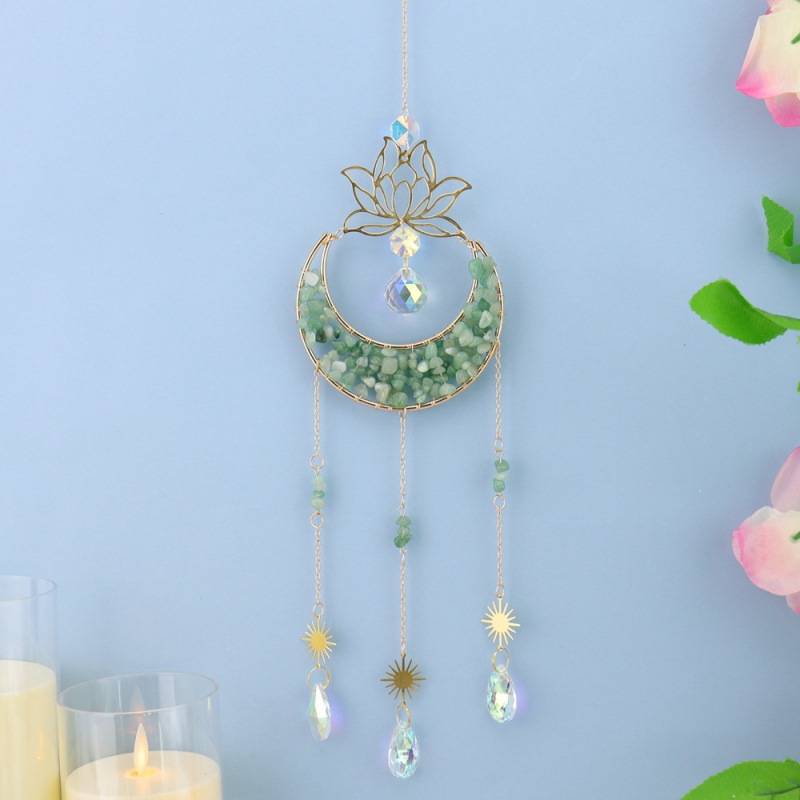 Clopoțel de vânt din cristal natural, cu lotus, lună în formă de semilună și captator de soare, decor suspendat pentru casă – model T75