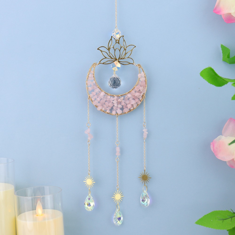 Clopoțel de vânt din cristal natural, cu lotus, lună în formă de semilună și captator de soare, decor suspendat pentru casă – model T75