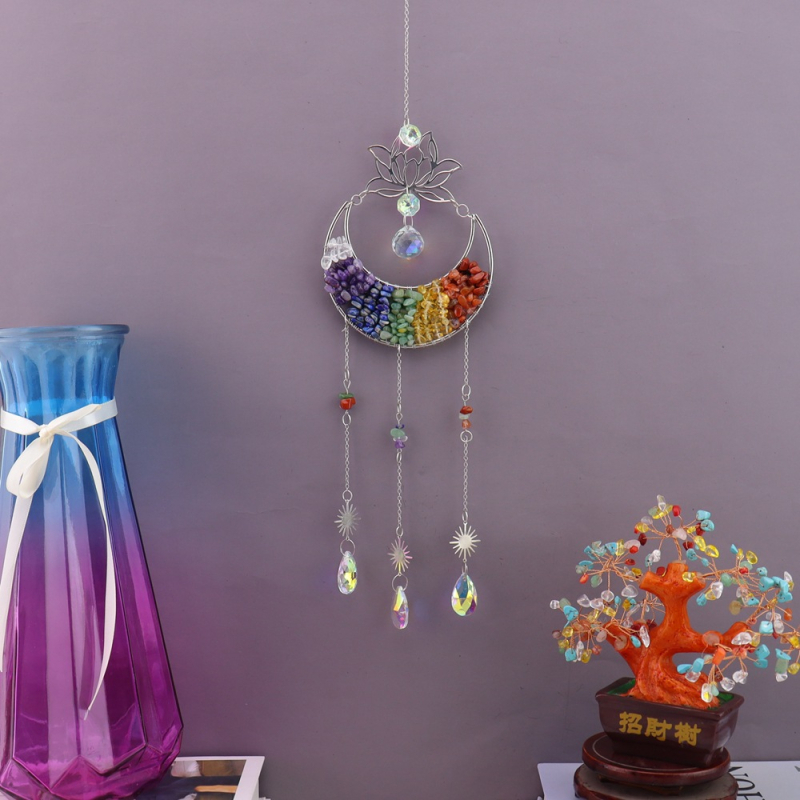Clopoțel de vânt din cristal natural, cu lotus, lună în formă de semilună și captator de soare, decor suspendat pentru casă – model T75