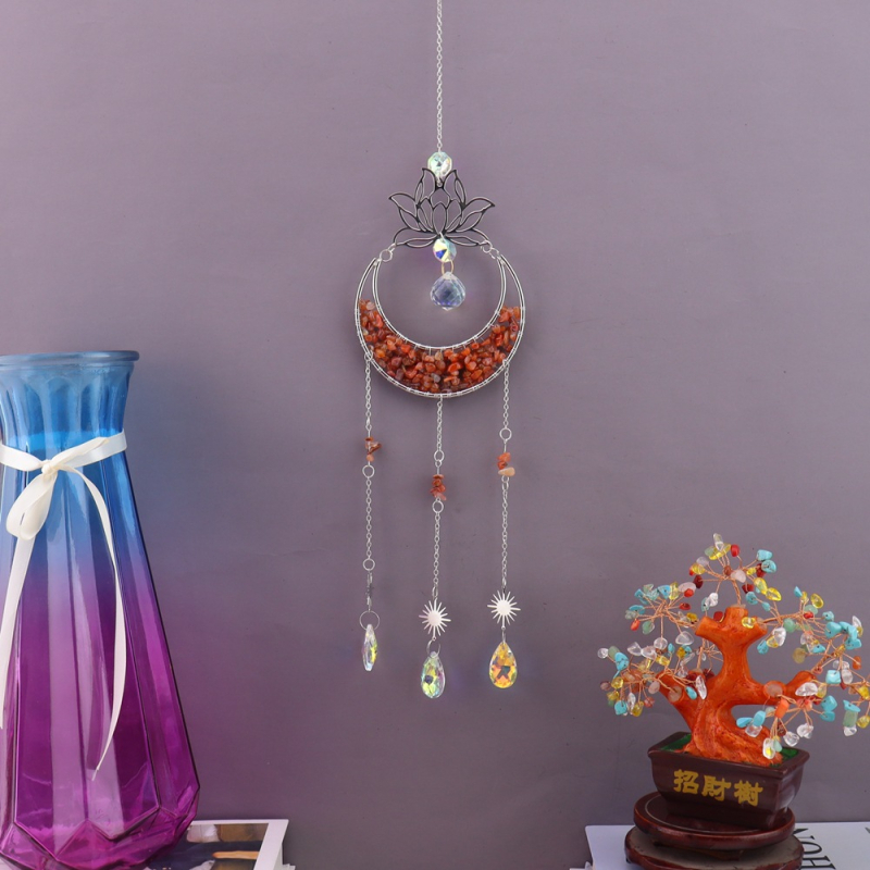 Clopoțel de vânt din cristal natural, cu lotus, lună în formă de semilună și captator de soare, decor suspendat pentru casă – model T75