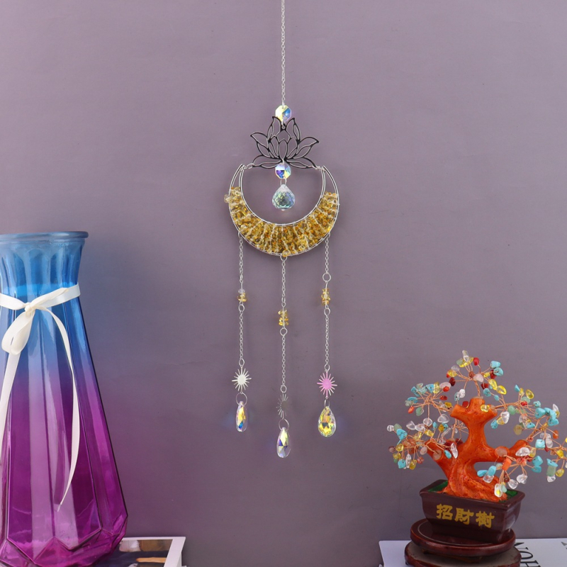 Clopoțel de vânt din cristal natural, cu lotus, lună în formă de semilună și captator de soare, decor suspendat pentru casă – model T75