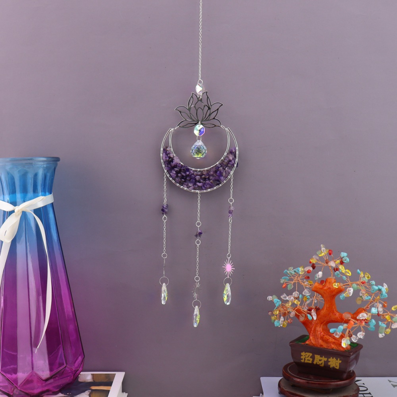Clopoțel de vânt din cristal natural, cu lotus, lună în formă de semilună și captator de soare, decor suspendat pentru casă – model T75
