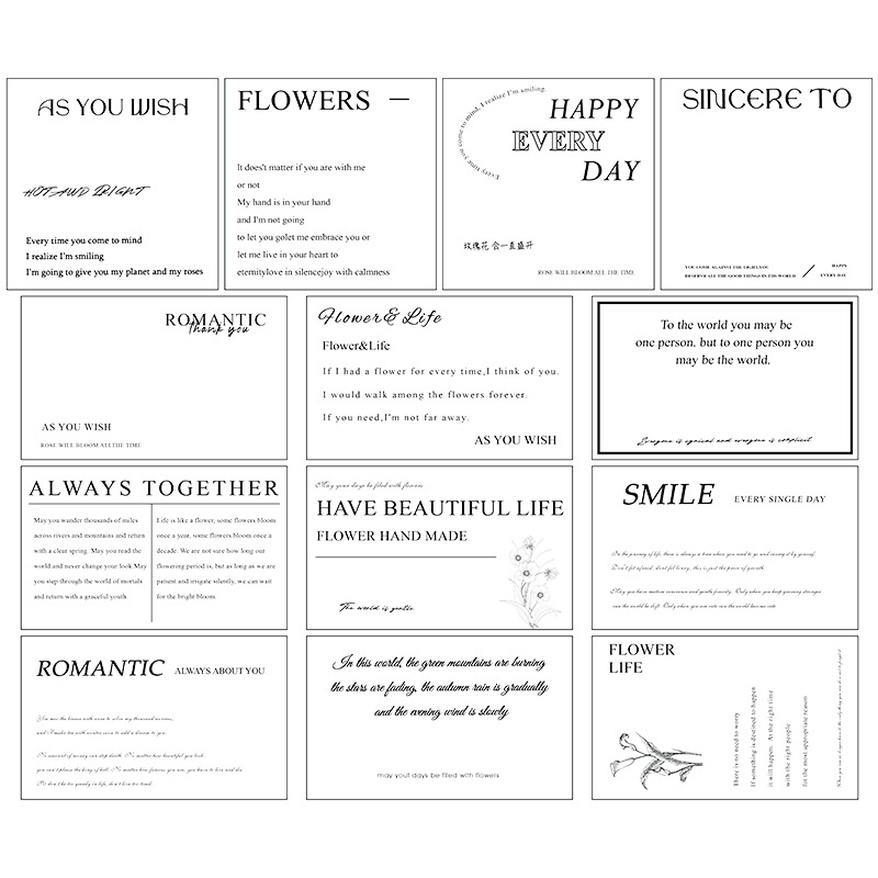 Felicitare cu mesaje de dragoste, stil minimalist literar, card în engleză, decor cu buchet de flori în stil Instagram, card pătrat alb universal.