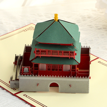 Card poștal 3D din hârtie cu Turnul clopot Xi’an – suvenir realizat manual, cadou arhitectural cultural