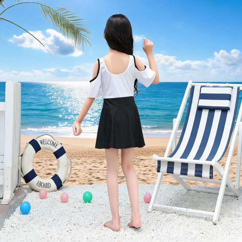 Costum de baie pentru fete, 7–12 ani, uscare rapidă, costum întreg cu fustă, stil desen animat