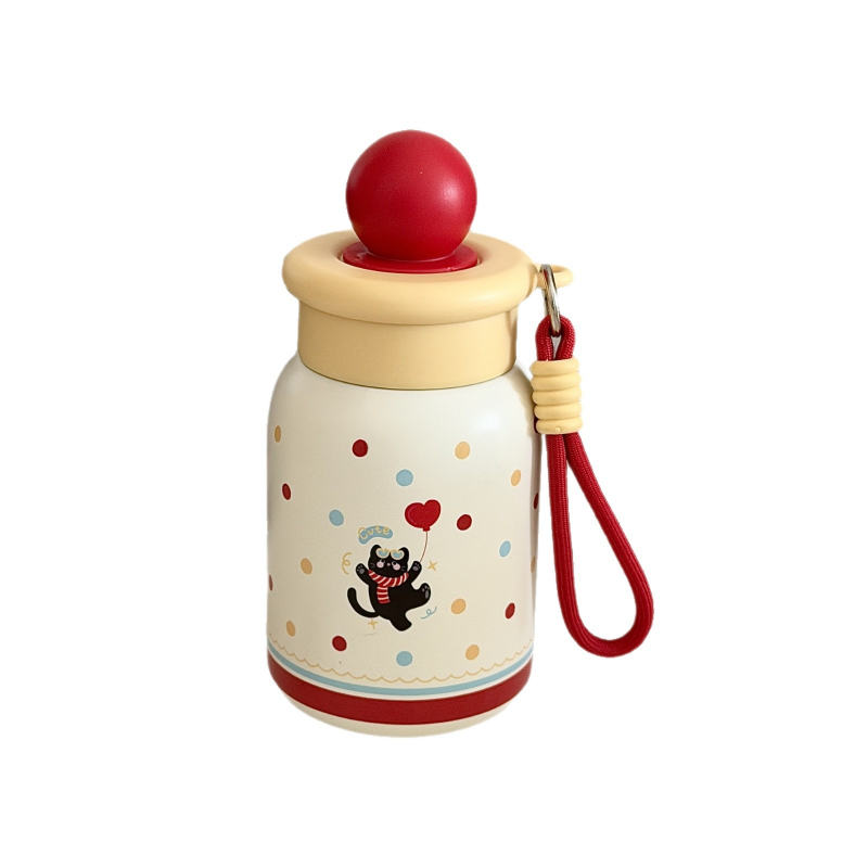 Sticlă de apă rotundă din oțel inoxidabil cu curea, termos izolat cu pai, mini desen animat pentru fete