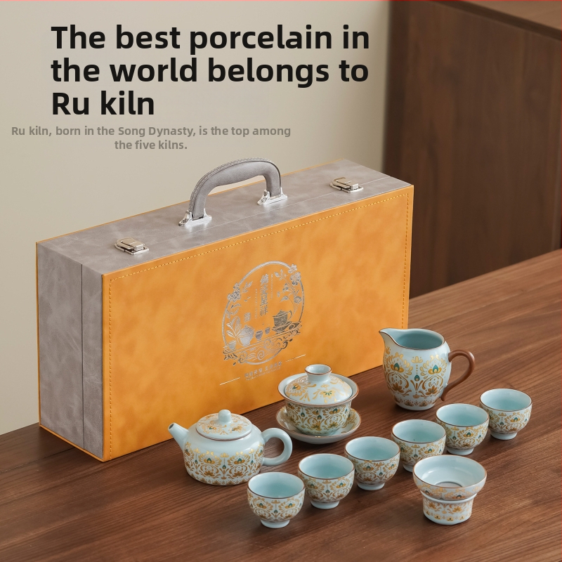 Set ceai Dunhuang cu ceainic în formă de dovleac și bol cu capac, stil retro lux, set complet în cutie cadou pentru evenimente de afaceri