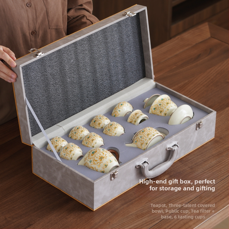 Set ceai Dunhuang cu ceainic în formă de dovleac și bol cu capac, stil retro lux, set complet în cutie cadou pentru evenimente de afaceri