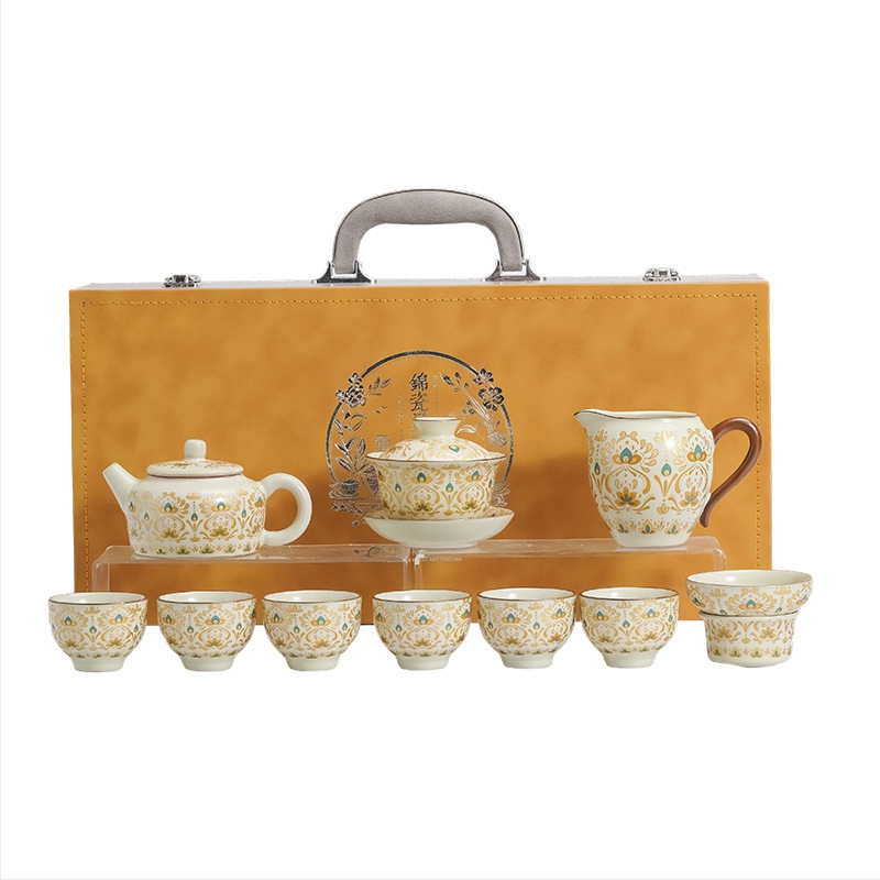 Set ceai Dunhuang cu ceainic în formă de dovleac și bol cu capac, stil retro lux, set complet în cutie cadou pentru evenimente de afaceri