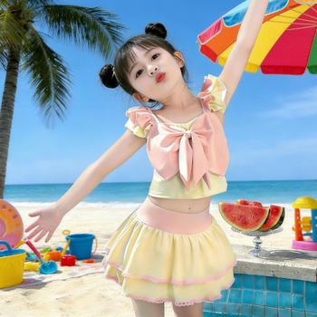 Costum de baie două piese pentru fete, roz și galben, elasticitate mare, plăcut la atingere, fără strângere, pentru plajă și ape termale