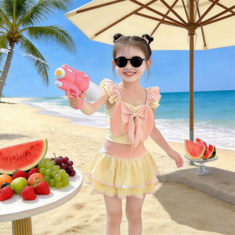 Costum de baie două piese pentru fete, roz și galben, elasticitate mare, plăcut la atingere, fără strângere, pentru plajă și ape termale