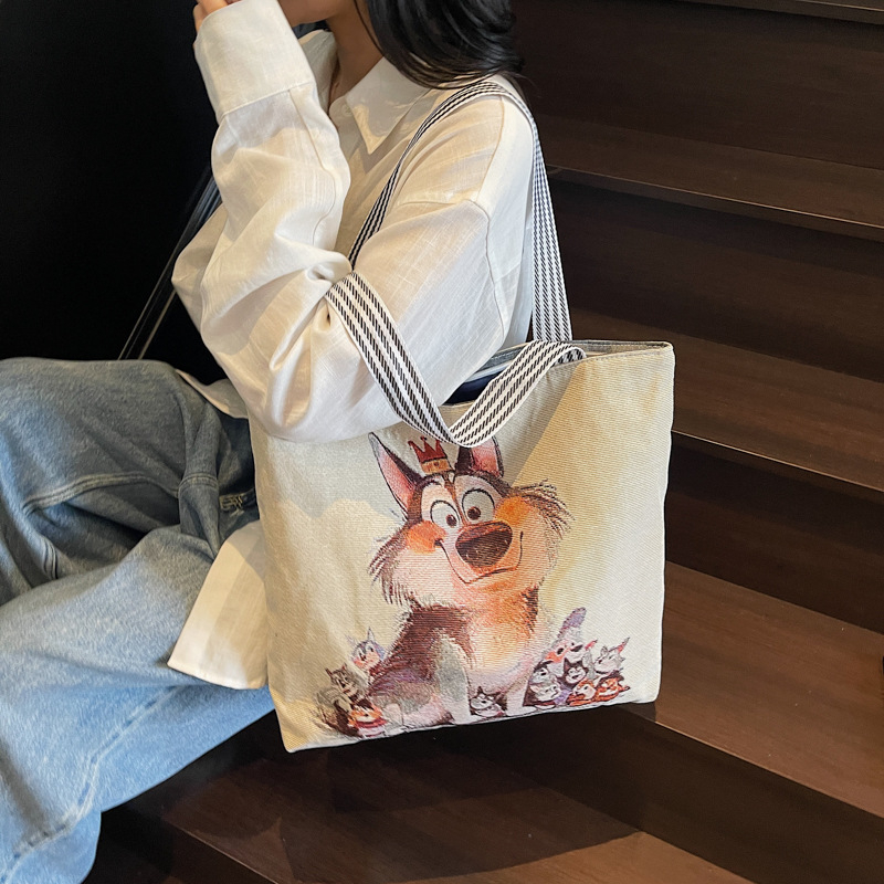 Geantă de umăr din canvas cu broderie jacquard, broderie pe ambele fețe