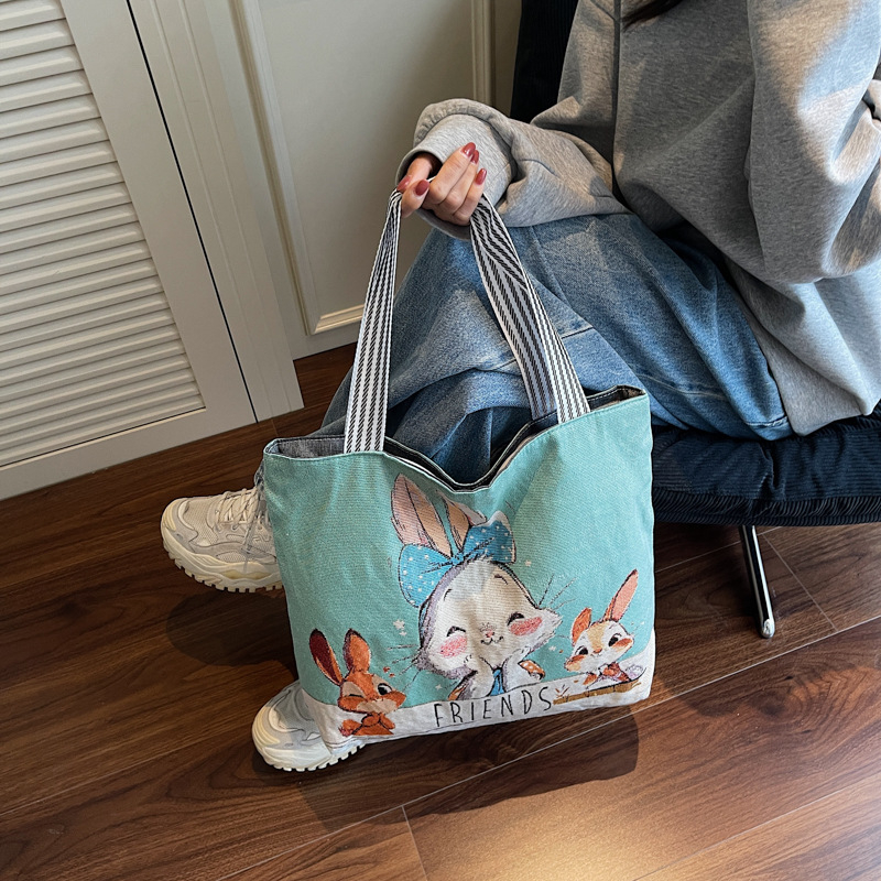 Geantă de umăr din canvas cu broderie jacquard, broderie pe ambele fețe