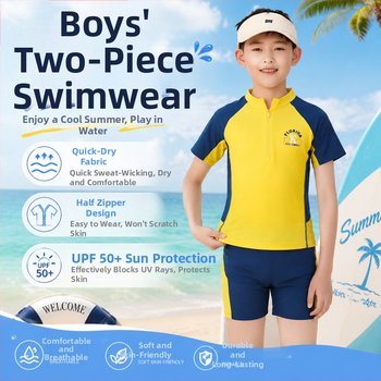 Costum de baie pentru copii din două piese, cu mâneci Raglan în blocuri de culoare și pantaloni scurți asortați, uscare rapidă, respirabil, stilat și răcoros.