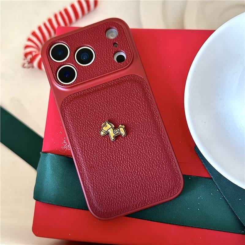 Husă roșie din piele artificială cu temă ponei pentru iPhone 17 Pro Max, protecție completă, compatibilă cu iPhone 15 și 16