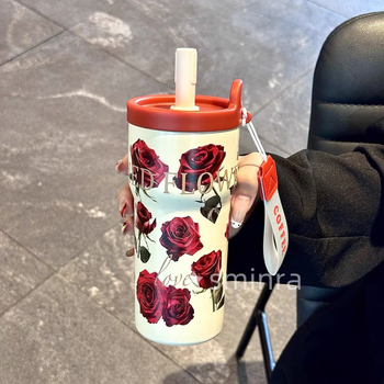 Cană termos din oțel inoxidabil 316, cu mâner, pentru femei, ceașcă de cafea portabilă cu pai