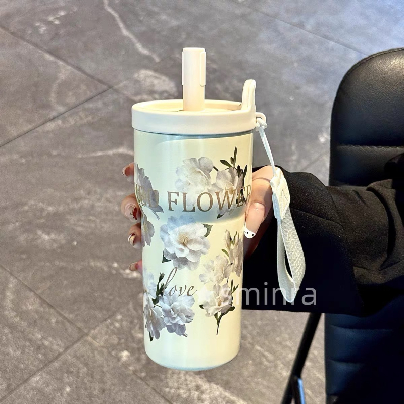 Cană termos din oțel inoxidabil 316, cu mâner, pentru femei, ceașcă de cafea portabilă cu pai