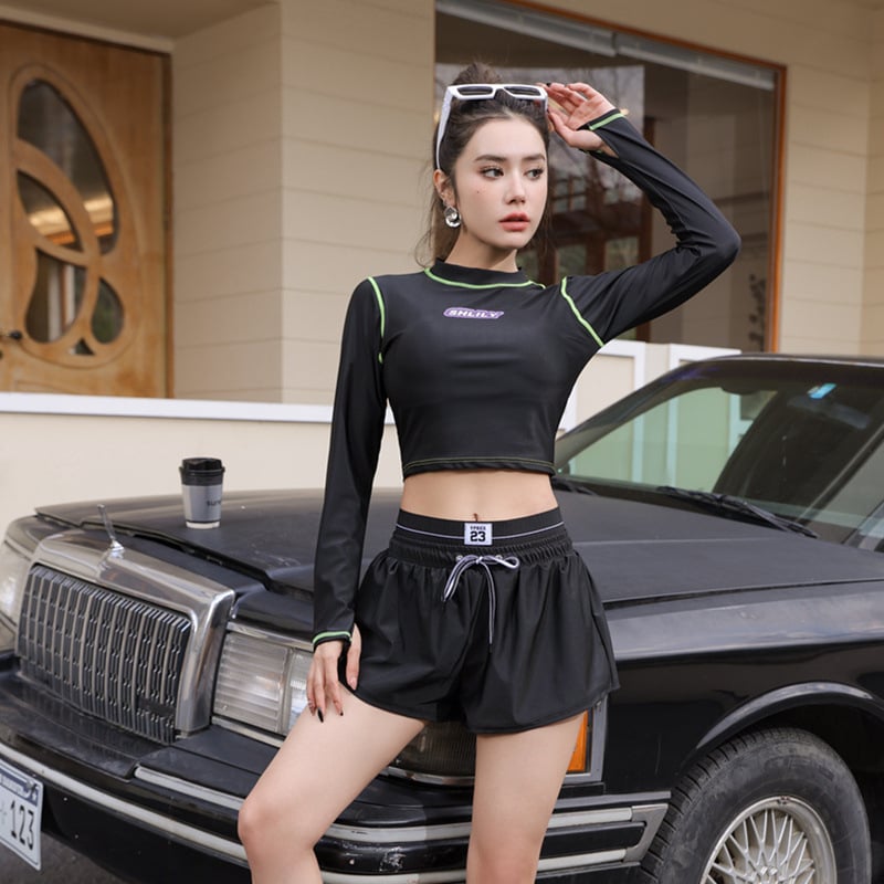 Dopamine Girl costum de baie pentru femei, cu mâneci lungi, două piese, acoperire conservatoare a burții, pentru băi termale