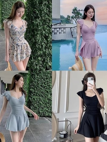 Costum de baie întreg pentru femei – design simplu, modest; uni sau floral; poliester; cu bureți la bust; fără mâneci