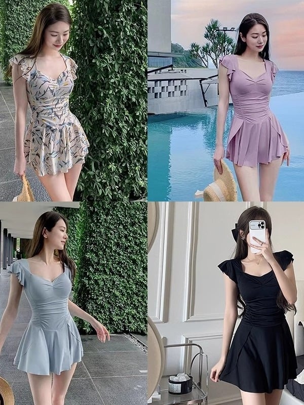Costum de baie întreg pentru femei – design simplu, modest; uni sau floral; poliester; cu bureți la bust; fără mâneci