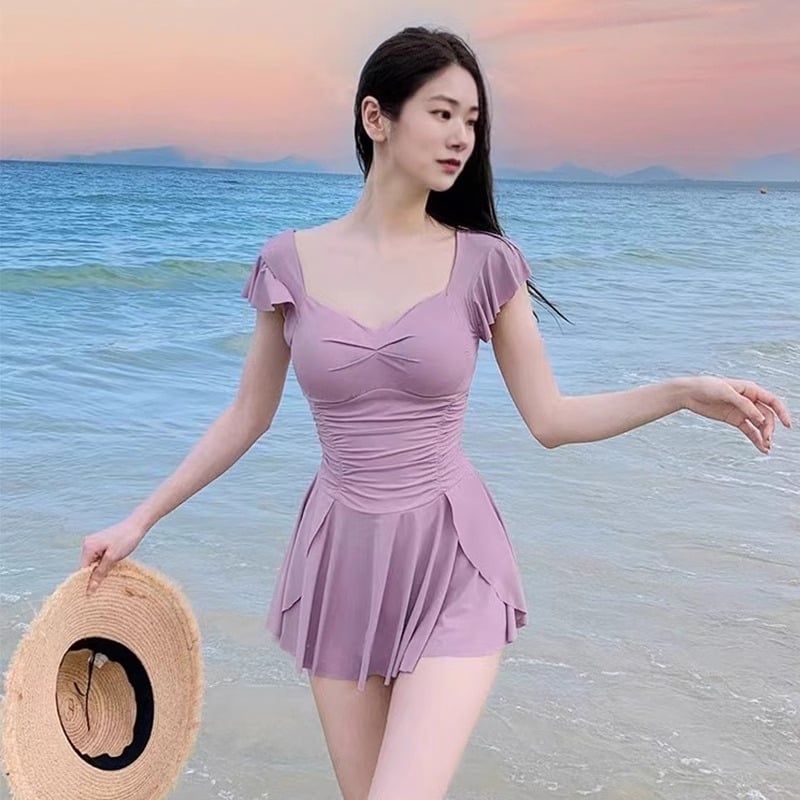 Costum de baie întreg pentru femei – design simplu, modest; uni sau floral; poliester; cu bureți la bust; fără mâneci