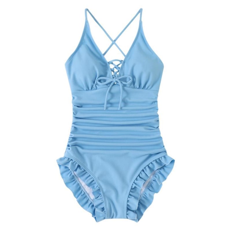 Costum de baie întreg, într-o culoare, cu volane la margine, pentru femei, fără mâneci, elasticitate ridicată