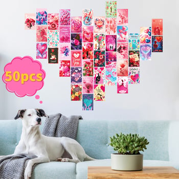 Set de 50 carduri decorative pentru perete cu trandafiri roz pentru Ziua Îndrăgostiților – felicitări de dragoste în formă de inimă