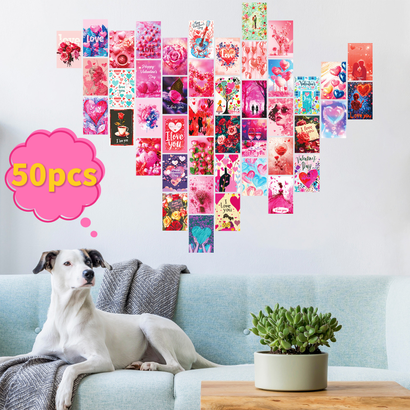 Set de 50 carduri decorative pentru perete cu trandafiri roz pentru Ziua Îndrăgostiților – felicitări de dragoste în formă de inimă