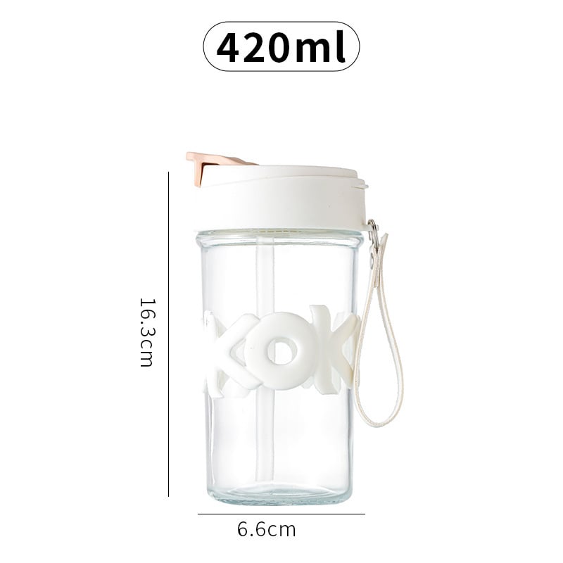 Pahar din sticlă izolat termic cu capac, 420 ml, mâner portabil