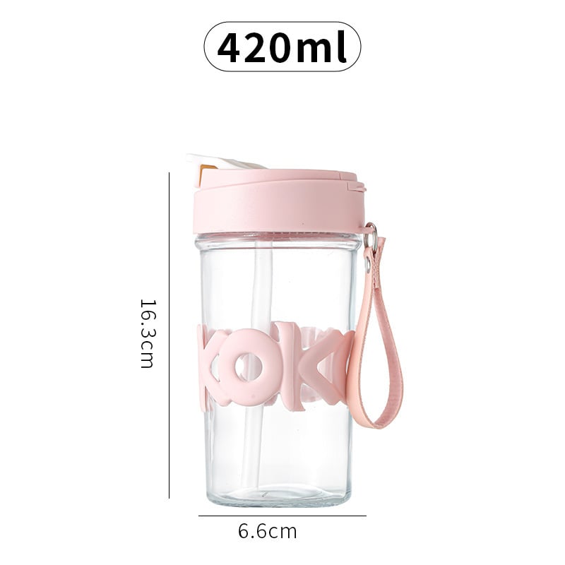 Pahar din sticlă izolat termic cu capac, 420 ml, mâner portabil