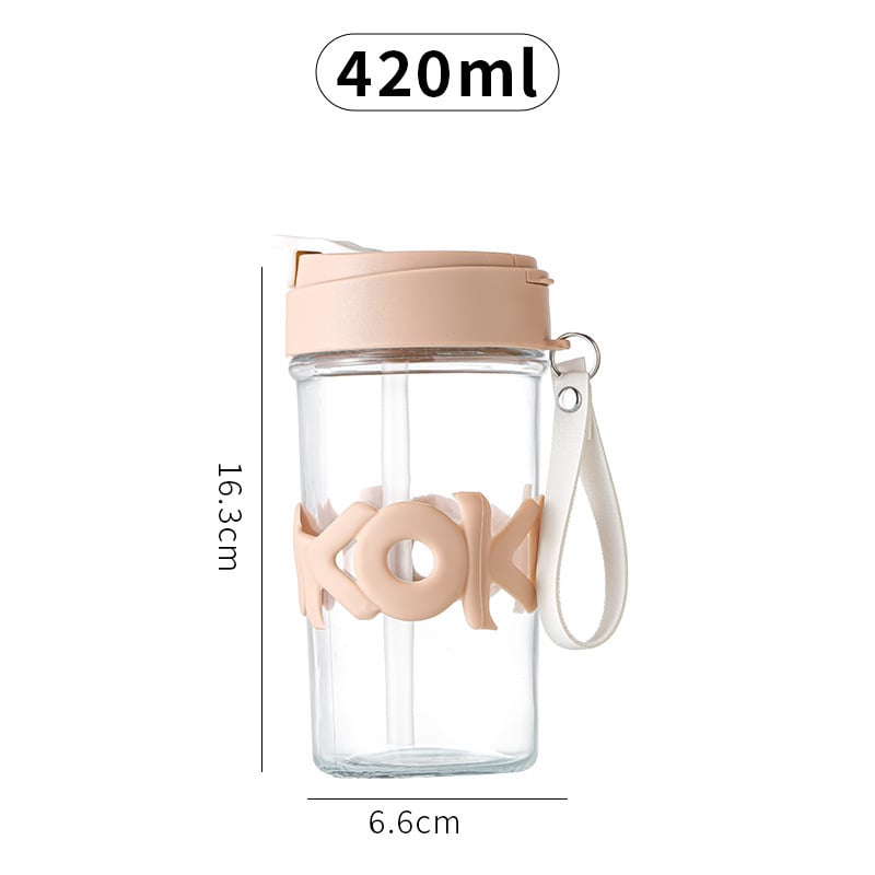Pahar din sticlă izolat termic cu capac, 420 ml, mâner portabil