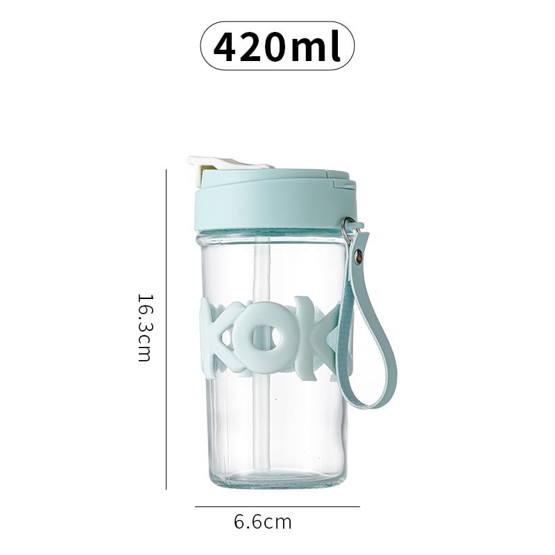 Pahar din sticlă izolat termic cu capac, 420 ml, mâner portabil