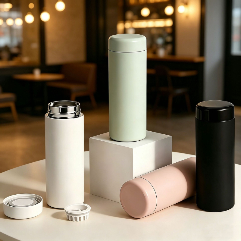 Căniță termoizolantă minimalistă de 350 ml, interior 316 oțel inoxidabil, exterior 304 oțel inoxidabil, cu infuzor de ceai, portabilă, gravură laser disponibilă