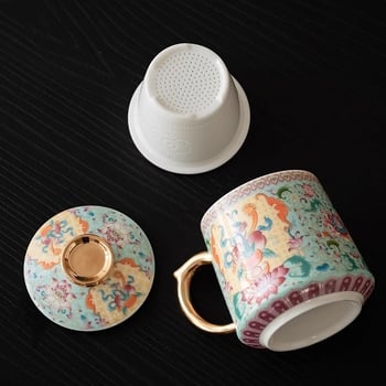 Ceașcă ceramică pentru ceai, cu filtru și capac, în culoare emailată, pentru separarea ceaiului de apă