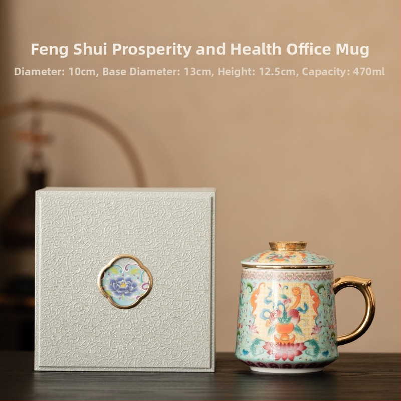 Smaltovaný keramický hrnček na čaj s viečkom na oddelenie čaju od vody