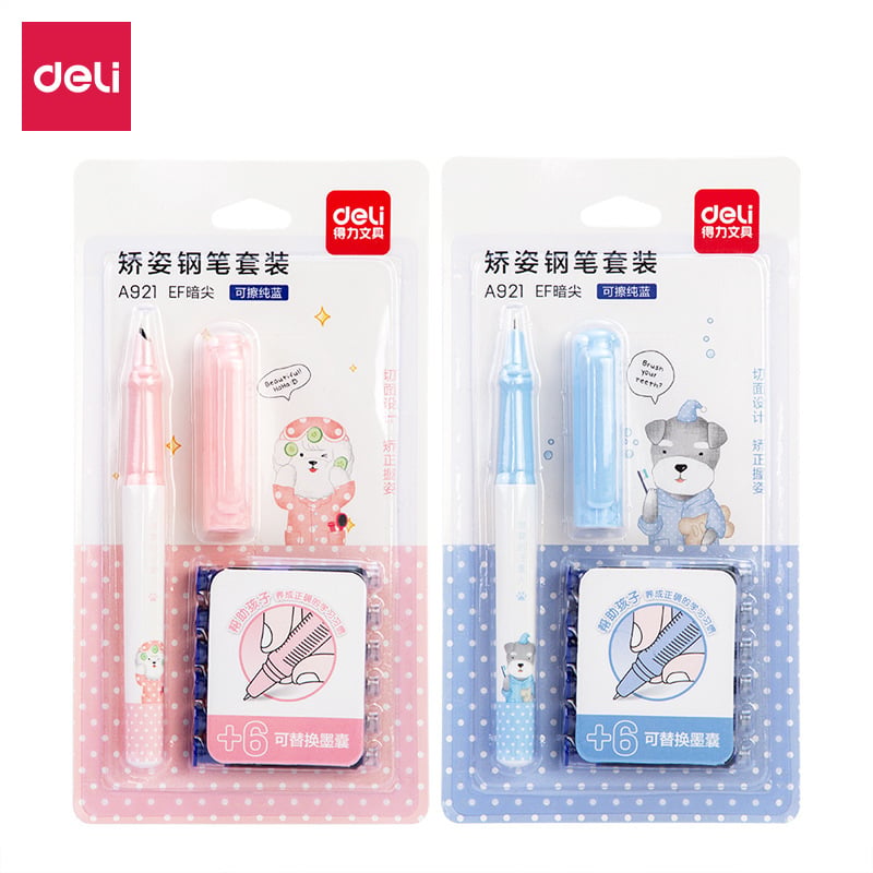 Set stilou Deli A921 — design minimalist, sistem de înlocuire a cartușului, priză ergonomic, papetărie cu desene animate