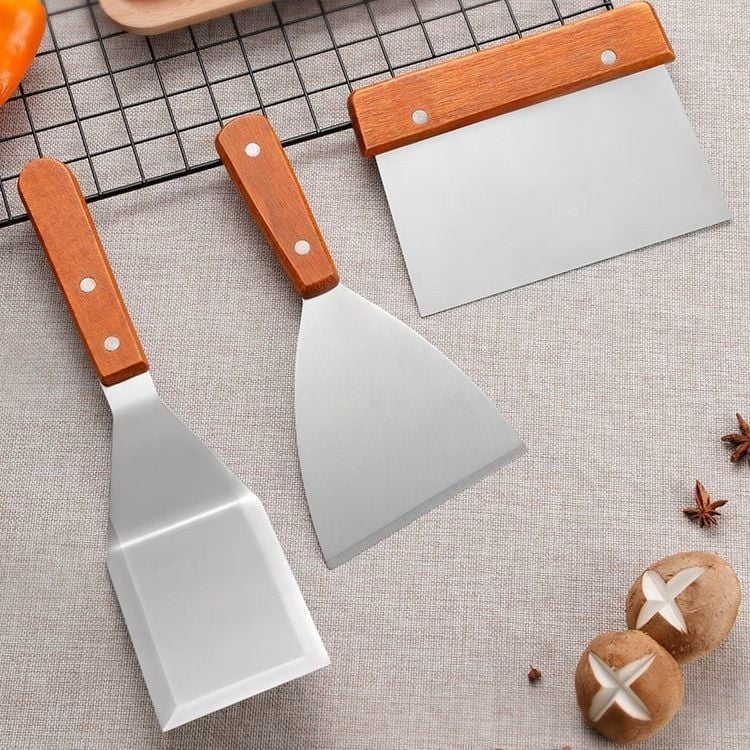 Set de spatule pentru grătar din oțel inox, mâner din lemn; spatulă tiramisu; spatulă/cuțit pentru tort; spatulă unghiulară pentru demouldare