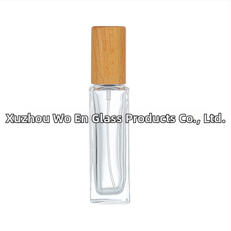 Sklenená fľaštička na parfum s dreveným uzáverom, rozprašovačom, cestovná kozmetická fľaštička – prázdna fľaštička v objeme 30 ml/10 ml/5 ml/15 ml/20 ml, štvorcový alebo obdĺžnikový tvar.