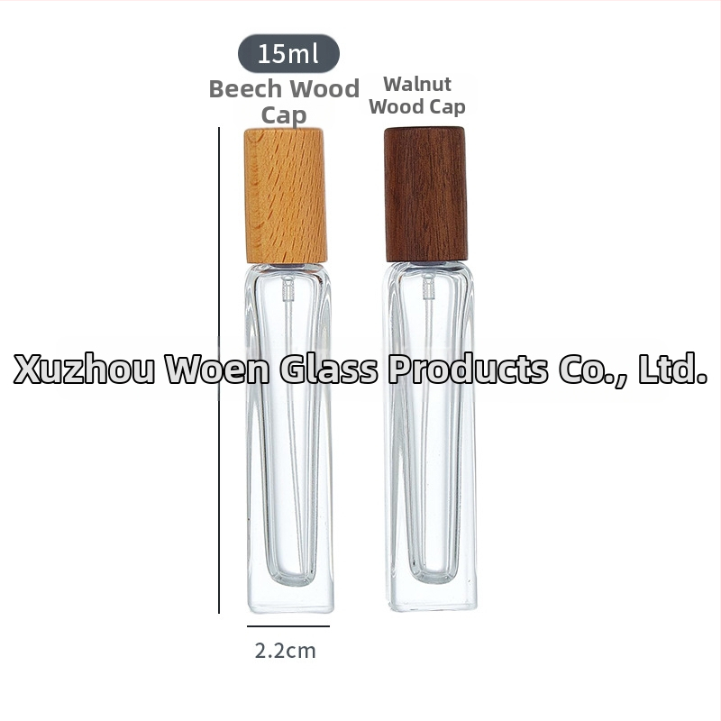 Sklenená fľaštička na parfum s dreveným uzáverom, rozprašovačom, cestovná kozmetická fľaštička – prázdna fľaštička v objeme 30 ml/10 ml/5 ml/15 ml/20 ml, štvorcový alebo obdĺžnikový tvar.