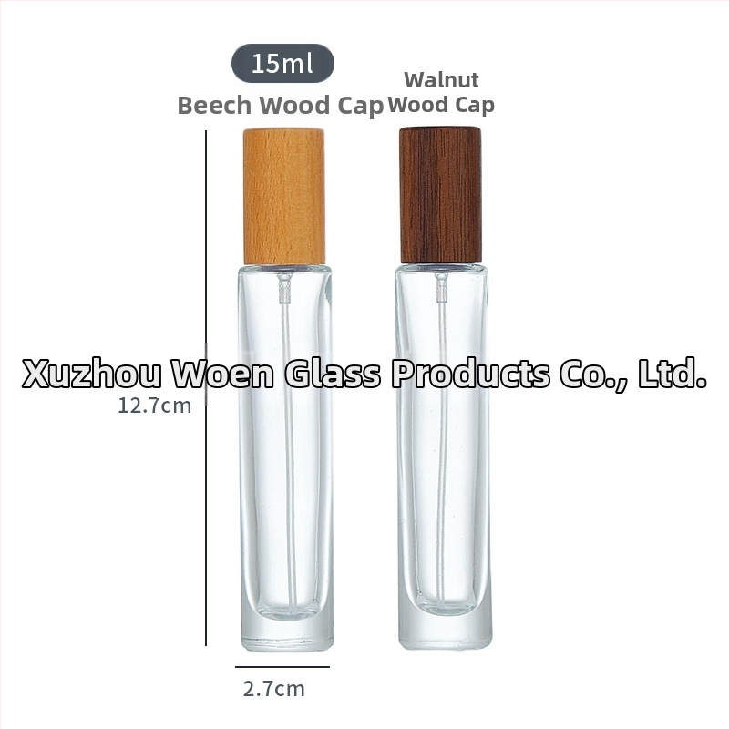 Sklenená fľaštička na parfum s dreveným uzáverom, rozprašovačom, cestovná kozmetická fľaštička – prázdna fľaštička v objeme 30 ml/10 ml/5 ml/15 ml/20 ml, štvorcový alebo obdĺžnikový tvar.