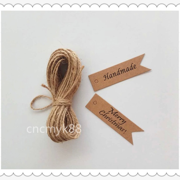 Etichete de cadouri din kraft paper Thank you, mici stegulețe pentru ambalare, 100 buc pe pachet, cu sfoară de cânepă